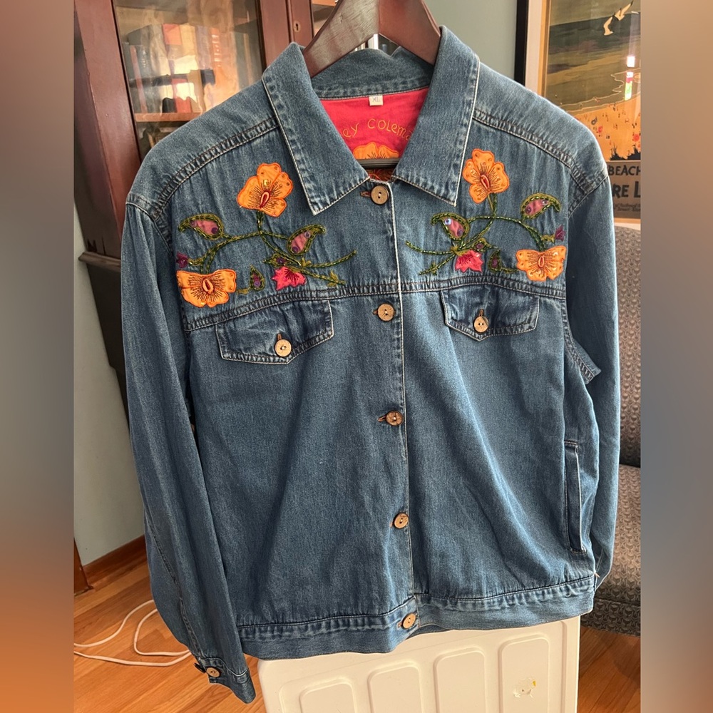 Casey Coleman Floral Embroidered Denim Jacket Vintage Women’s XL